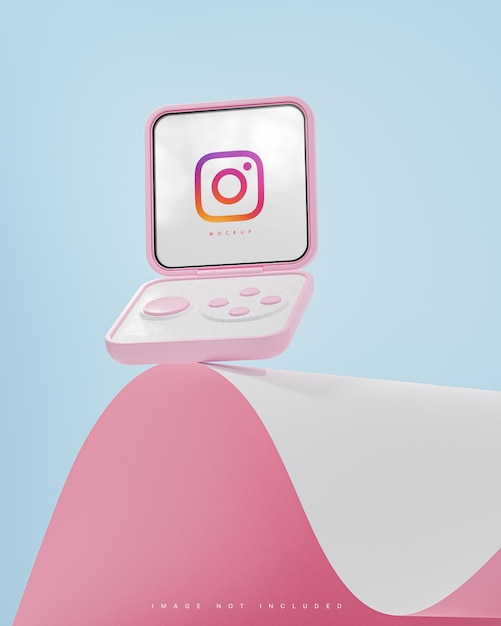 PSD instagram インターフェイス ソーシャル メディア ポスト スマート フリップ デバイス モックアップ ピンクとブルーの背景 3 d レンダリング