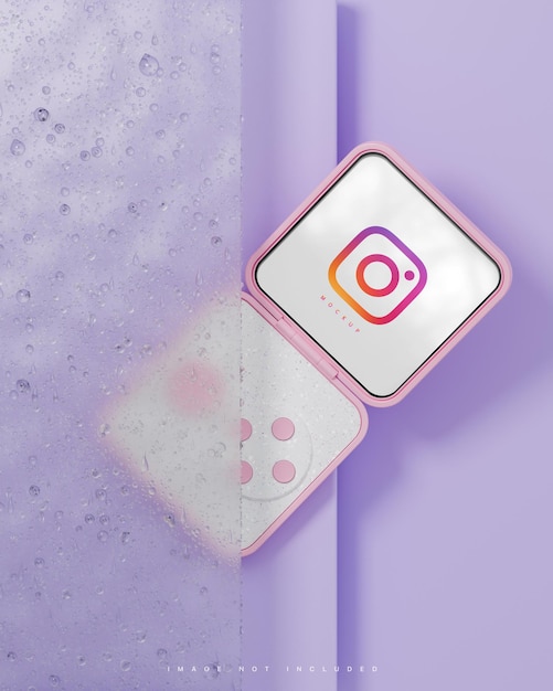 Instagram インターフェイス ソーシャル メディア ポスト スマート フリップ デバイス モックアップ紫色の背景 3 d レンダリング