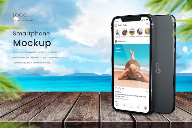 Mockup di instagram iphone 13 su sfondo spiaggia con oceano e cielo blu