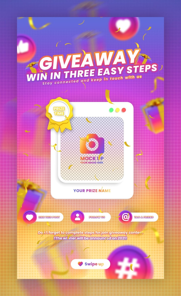 PSD instagram iveaway contest promotion and steps social media story post template with mockup