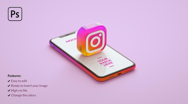 Instagram logo icon on a mobile phone screen mockup in 3d rendering