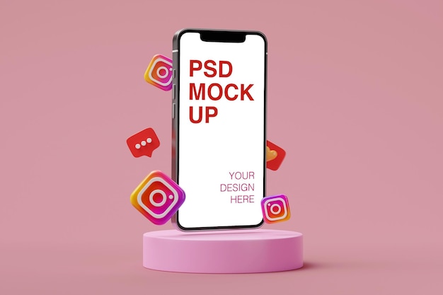 Instagram logo social media post on mobile phone mockup with 3d icons