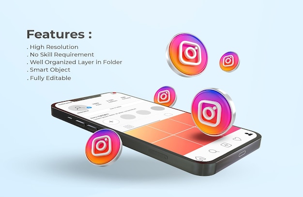 Instagram on mobile phone mockup icon 3d