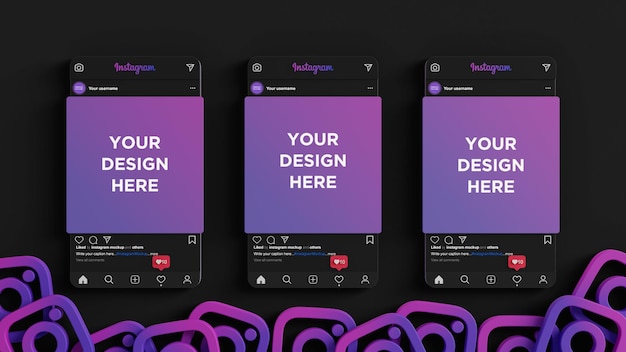 Instagramモックアップダークモードソーシャルメディアバナー3Dレンダリング