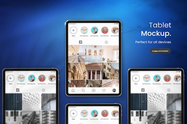 Макет instagram для экранов планшетов на темно-синем фоне