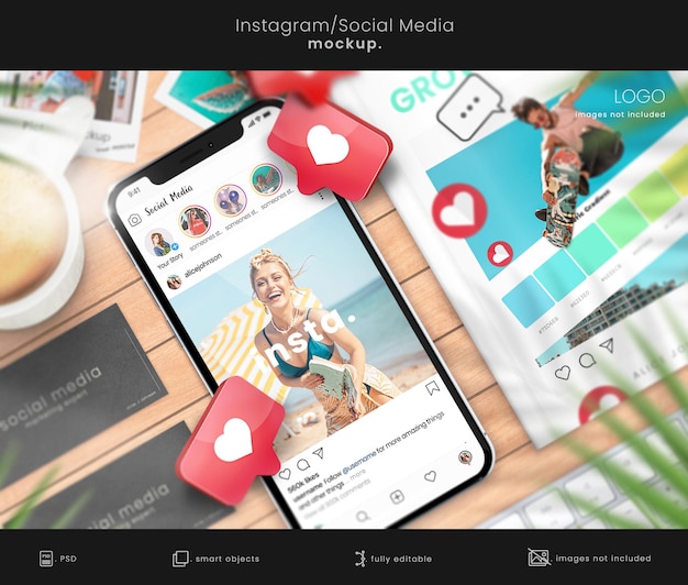 Instagram mockup for social media with business card and book mockups