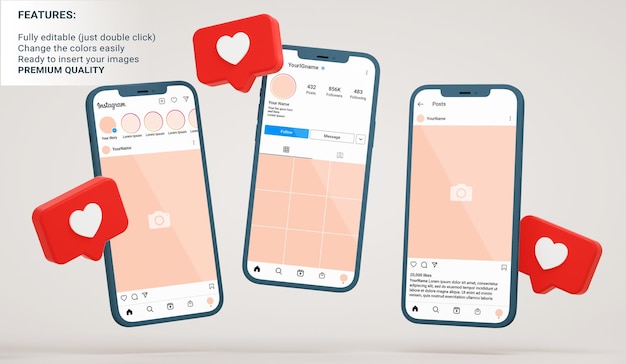 Instagram-mockup van feed-, profiel- en postinterfaces in zwevende telefoons met soortgelijke meldingen in 3D-rendering