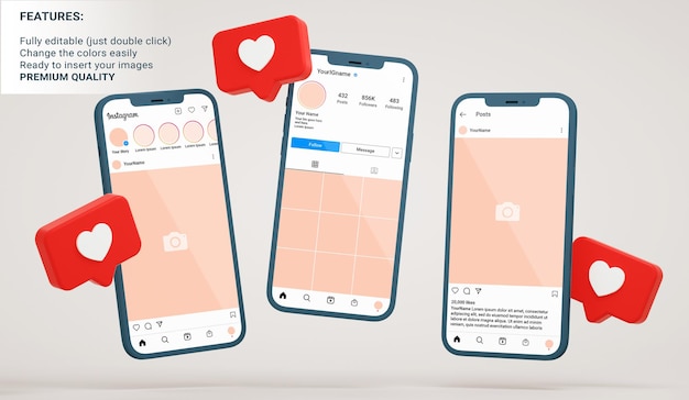 Instagram-mockup van feed-, profiel- en postinterfaces in zwevende telefoons met soortgelijke meldingen in 3d-rendering