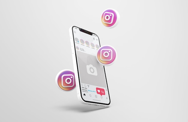 Instagram na białej makiecie telefonu komórkowego z ikonami 3d