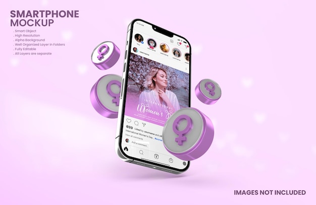 国際女性デーのお祝いのためのスマートフォンモックアップのinstagram