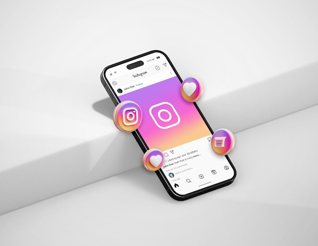 PSD instagram op zwart mobiel telefoonmodel met 3d-pictogrammen