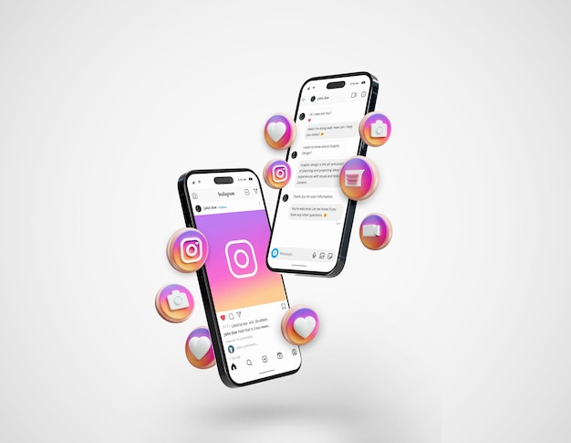 PSD instagram op zwart mobiel telefoonmodel met 3d-pictogrammen