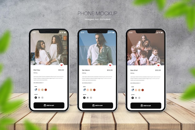 PSD Макет телефона instagram из трех телефонов на деревянном фоне