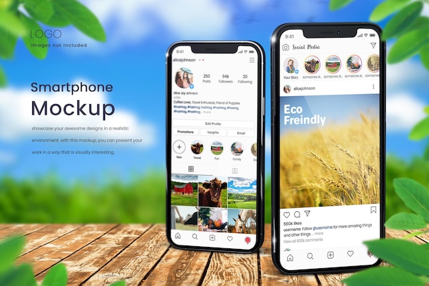 Макет телефона instagram на фоне ecofriendly