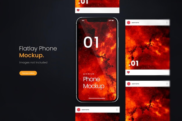 Instagramの電話のモックアップと暗いテクスチャの表面にモックアップを投稿