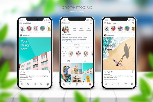 Instagram phone mockup of three phone