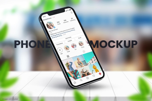 Instagram phone mockup of two iphone 13 with blurred cafe in background