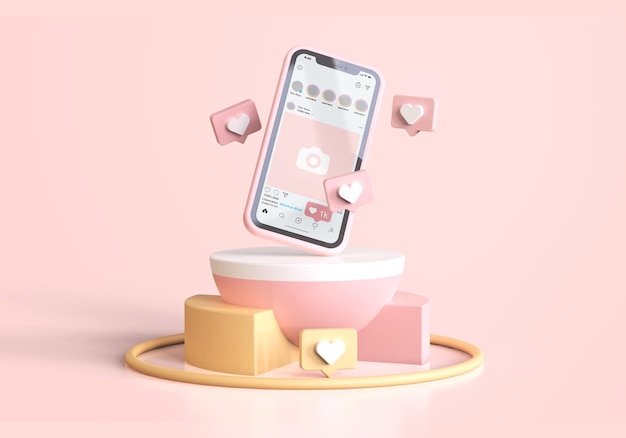 Instagram su pink mobile phone mockup con icone 3d