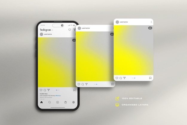 PSD 粘土のスマートフォン画面を使用したinstagramの投稿とインターフェースのモックアップ
