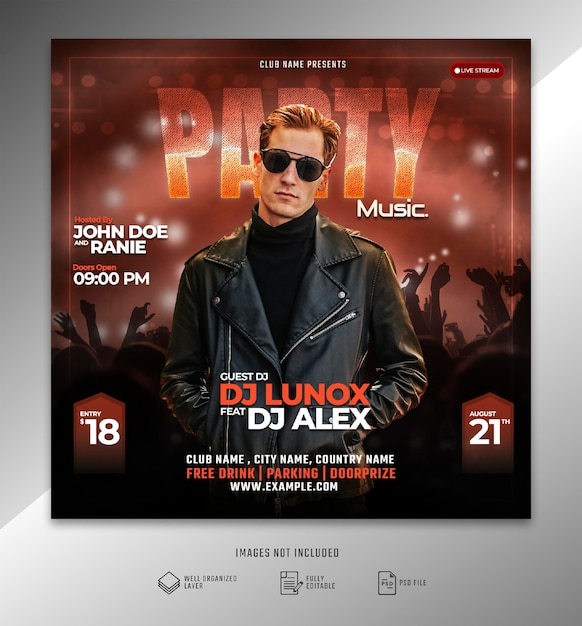 PSD instagram post club dj party night flyer szablon