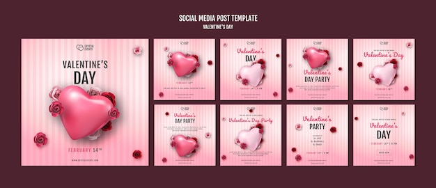 PSD raccolta di post di instagram per san valentino con cuore e rose rosse