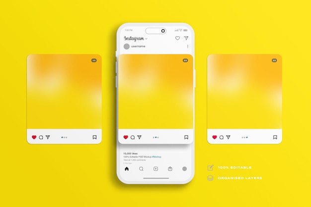 PSD instagram post and interface mockup with clay smartphone screen