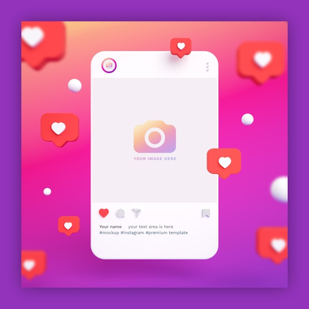 PSD 심장 아이콘이있는 instagram 게시물 모형 3d