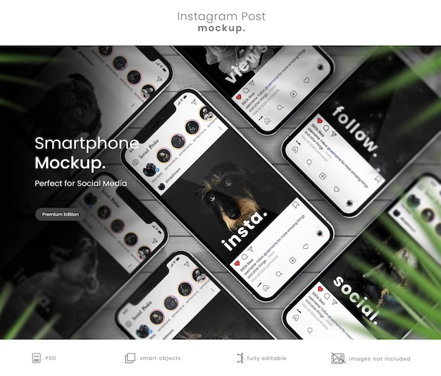 Mockup di post su instagram sulla collezione di smartphone