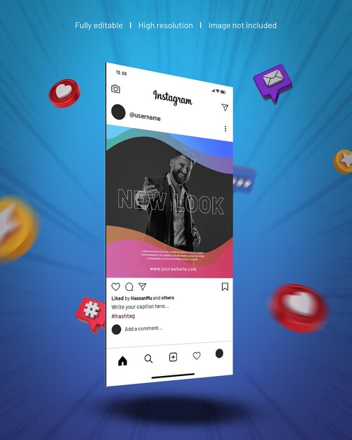 PSD mockup di post di instagram sull'interfaccia utente mobile con emoji 3d