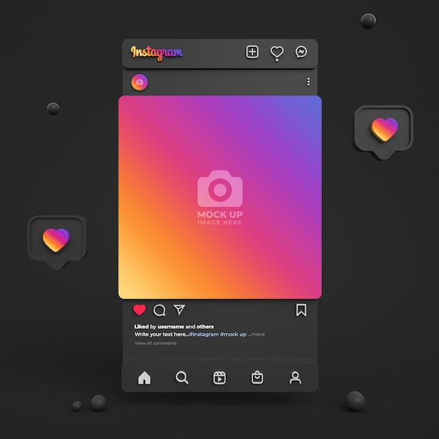 PSD Макет сообщения instagram для социальных сетей с темным 3d-интерфейсом и лентой instagram