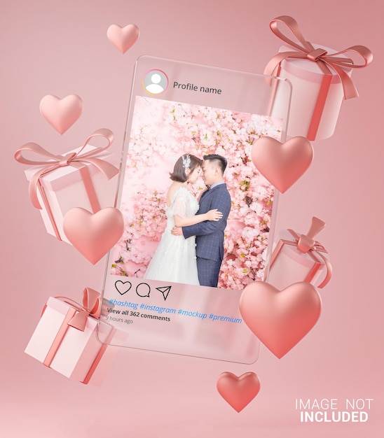 유리 템플릿에 Instagram 게시물 목업 발렌타인 웨딩 사랑 하트 모양 및 선물 상자 비행