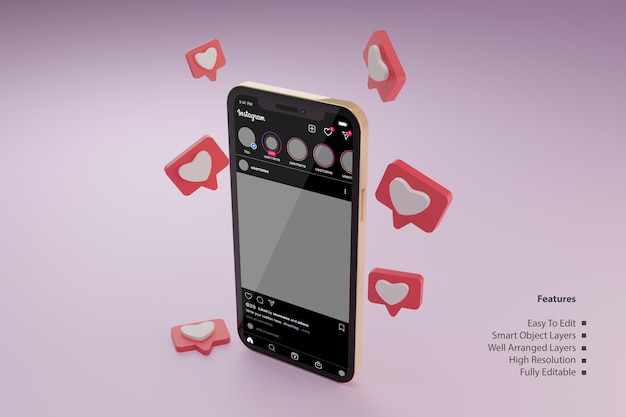 Mockup di post di instagram sul telefono cellulare intelligente in oro rosa