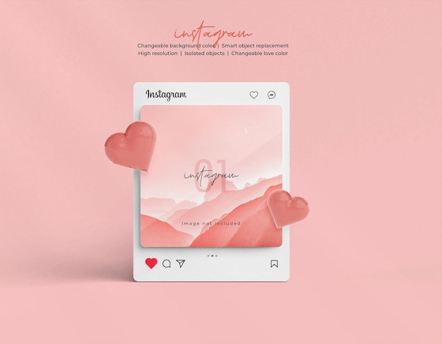 PSD instagram post mockup with 3d heart emoji isolated