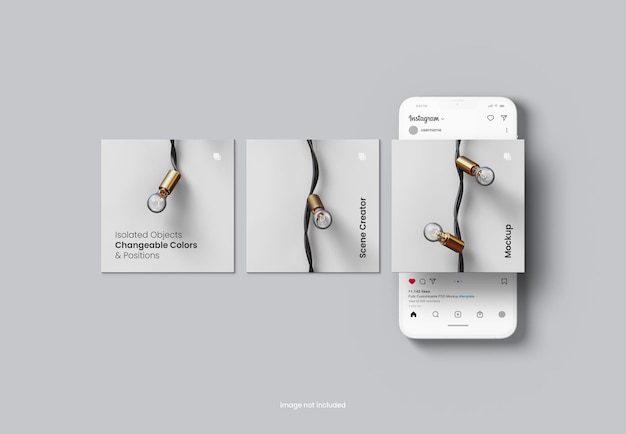 Mockup post di instagram con modello di interfaccia e schermo del telefono cellulare in argilla isolato rendering 3d