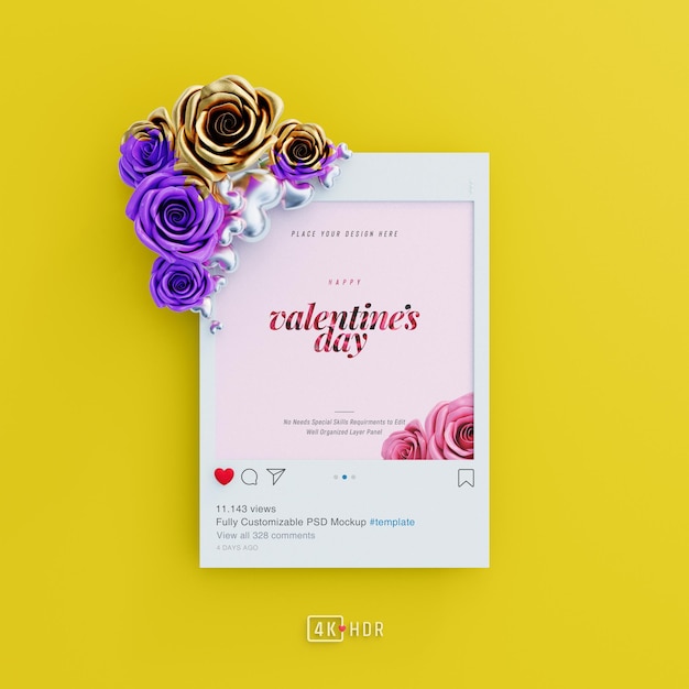 Instagram post mockup with valentine vibes decorated with cute roses and love hearts