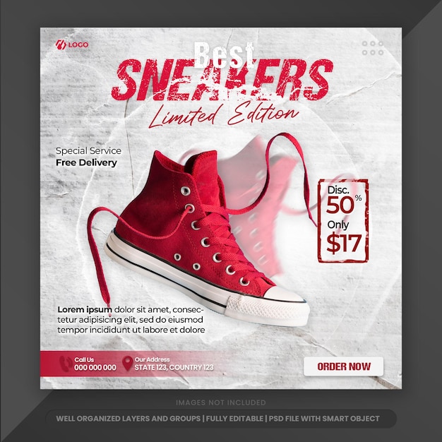 PSD instagram post shoe with grunge paper background and shadow motion image style for marketing banner