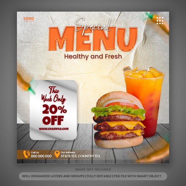 Instagram post special menu with chili ornament and paper texture background