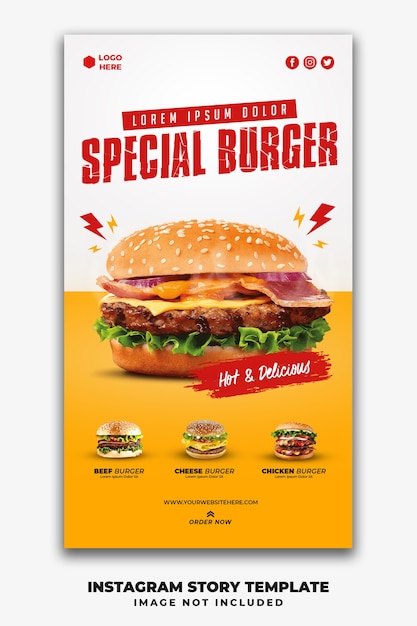Modello di banner di storie di post di instagram per hamburger di menu fast food di ristorante