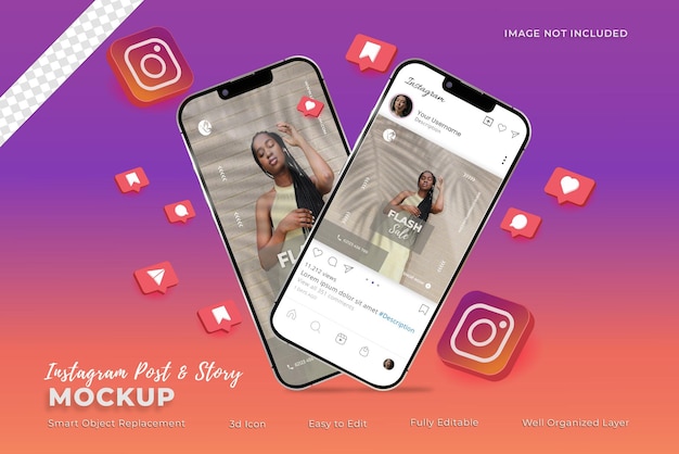 Instagram post and story on smartphone mockup with 3d icons