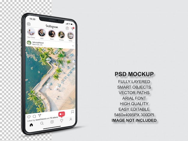 PSD instagram пост шаблон для профиля и кормить истории на смартфоне. перспективный макет мобильного телефона