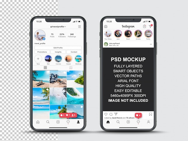 PSD instagram post template for profile and feed stories on smartphone. front view mobile phone mockup