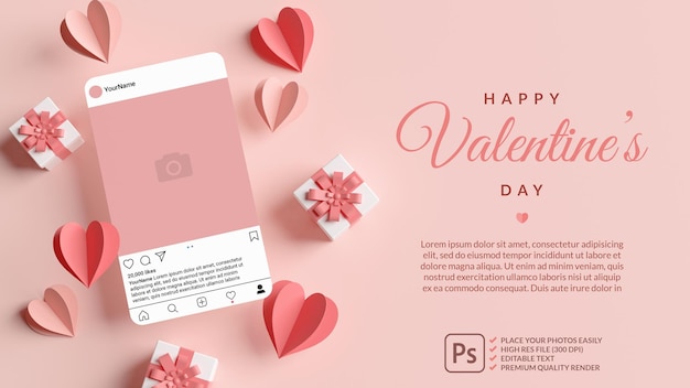 Instagram-postmodel met roze hartjes en cadeaus voor valentijnsdag in 3d-rendering