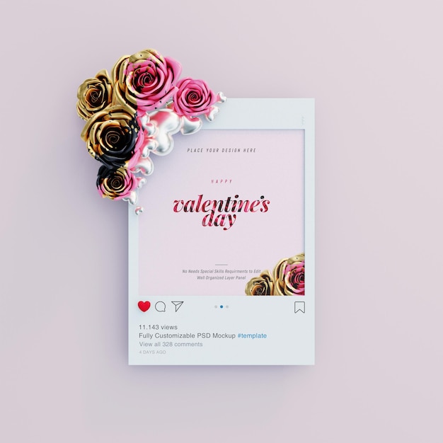 Instagram-postmodel met valentijnsvibes versierd met schattige rozen en liefdesharten