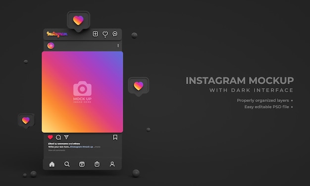 Instagram-postmodel voor sociale media met minimale 3d-donkere interface en instagram-feed