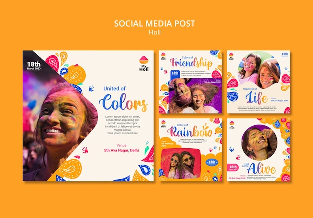 PSD instagram posts collection for holi festival celebration