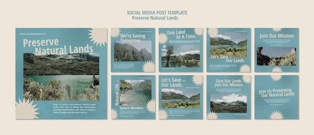 PSD instagram posts collection for nature preservation with landscape