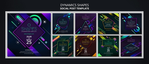 Instagram posts collection with dynamic geometric neon shapes