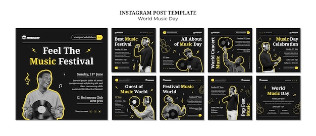 PSD raccolta di post su instagram per la celebrazione della giornata mondiale della musica