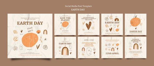 PSD instagram posts for earth day with wrinkled paper texture and hand drawn elements