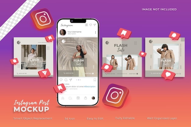 PSD 3dアイコン付きのスマートフォンモックアップにinstagramの投稿